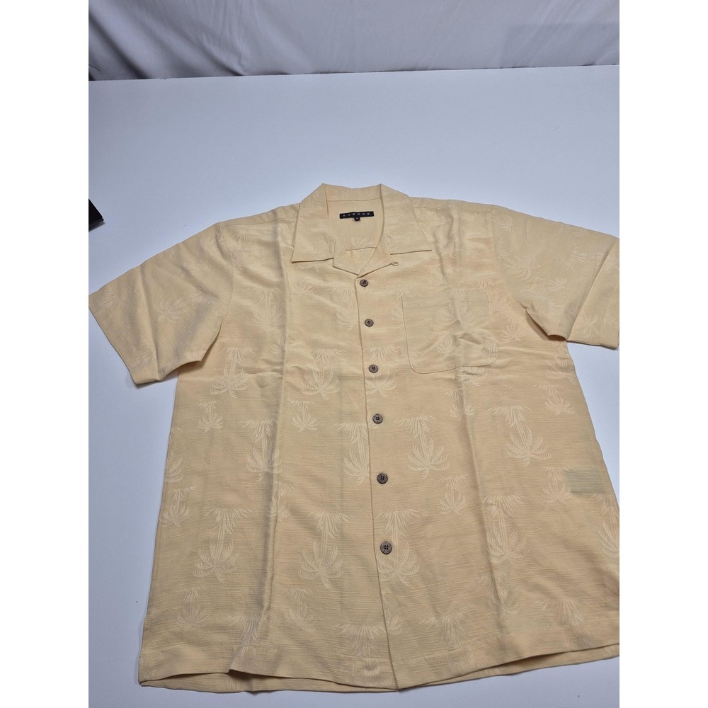 Enzone Shirt Mens M Yellow Silk Linen Palm Tropical Short Sleeve Button Up